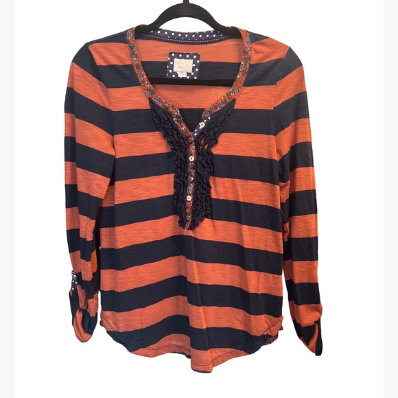 Anthropologie postmark blue and orange stripe postmark long sleeve ruffle top - Picture 1 of 3